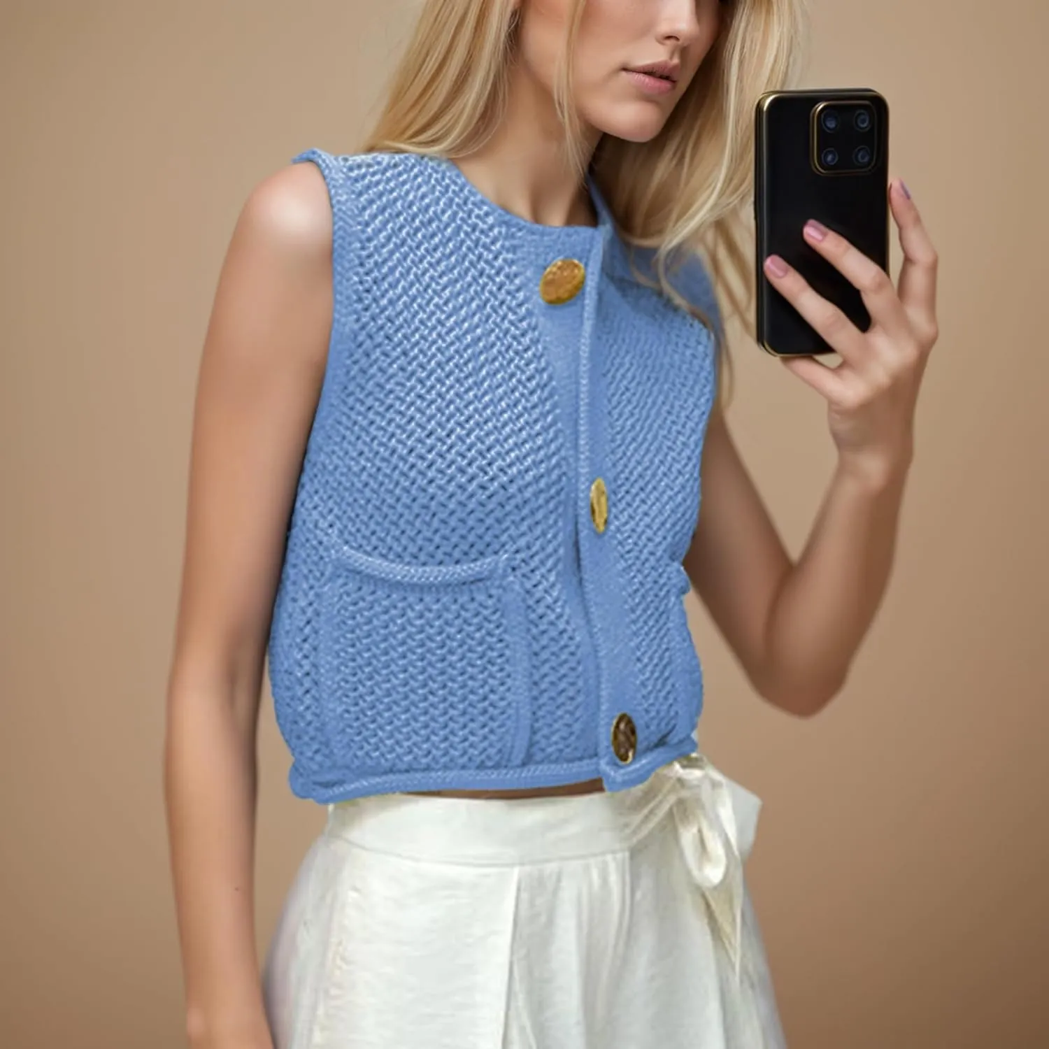 COZYPOIN Women's Sweaters Vest 2025 Button Down Sleeveless Chunky Cropped Knit Cardigan Crochet Tank Tops with Pockets