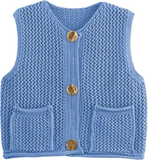 COZYPOIN Women's Sweaters Vest 2025 Button Down Sleeveless Chunky Cropped Knit Cardigan Crochet Tank Tops with Pockets