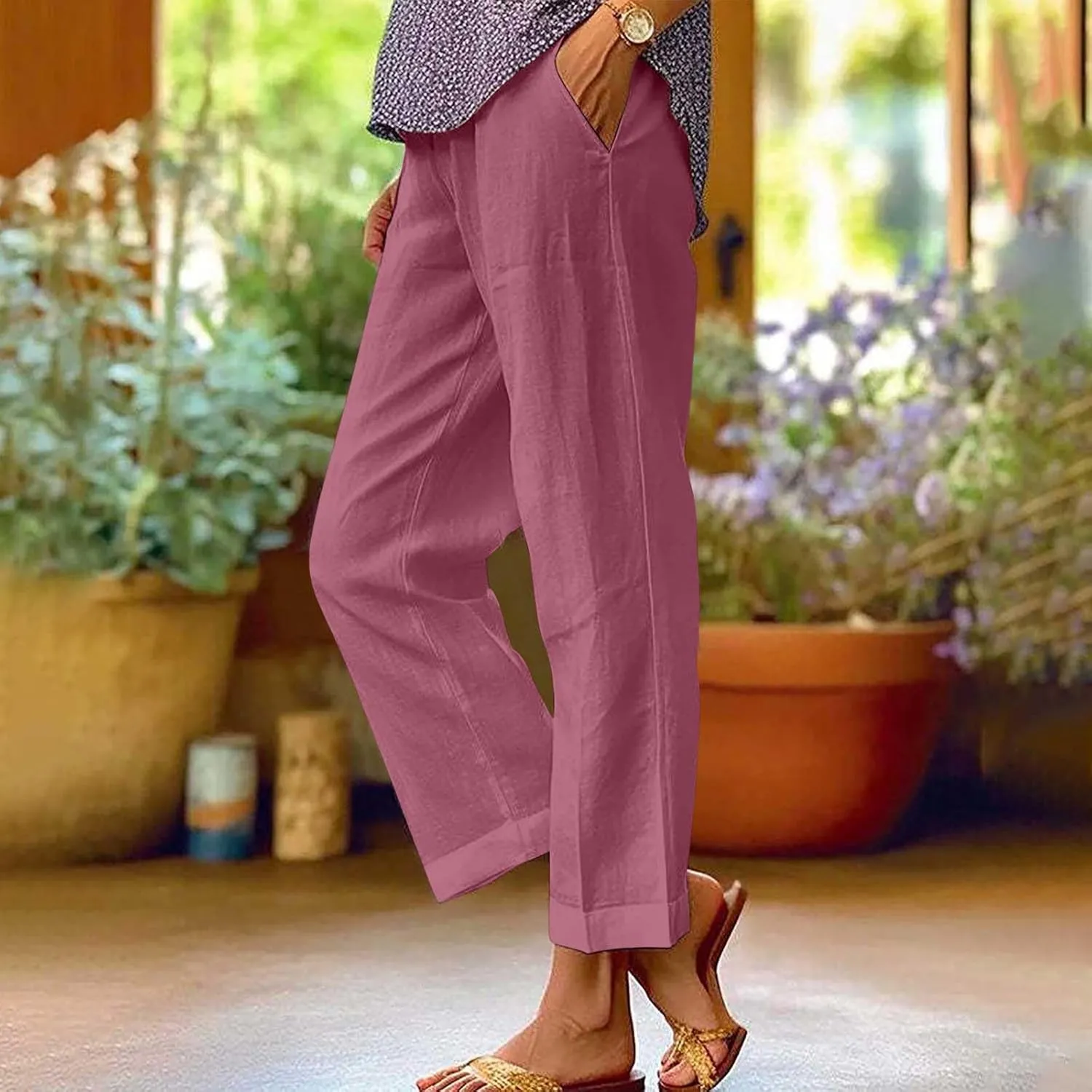 Cropped Linen Pants for Women Casual Lightweight Summer Pant Elastic Waist Plus Size Hiking Beach Trousers with Pocket
