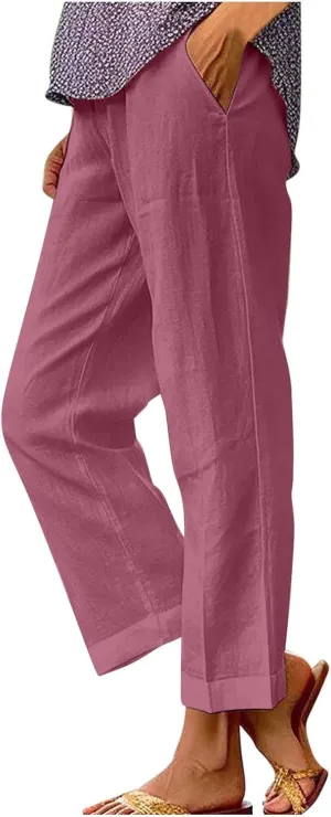 Cropped Linen Pants for Women Casual Lightweight Summer Pant Elastic Waist Plus Size Hiking Beach Trousers with Pocket
