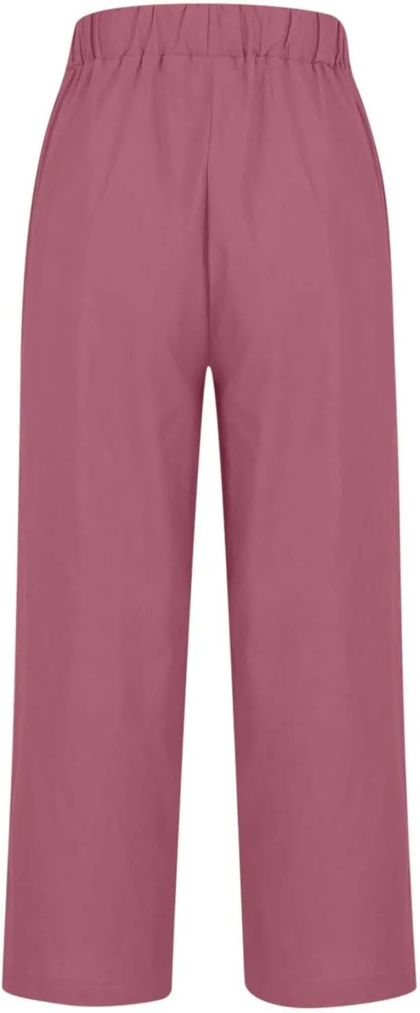 Cropped Linen Pants for Women Casual Lightweight Summer Pant Elastic Waist Plus Size Hiking Beach Trousers with Pocket