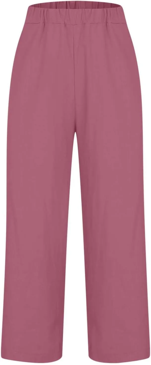 Cropped Linen Pants for Women Casual Lightweight Summer Pant Elastic Waist Plus Size Hiking Beach Trousers with Pocket