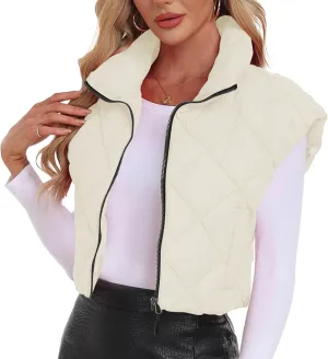 Cropped Puffer Vest Women Lightweight Sleeveless Bubble Short Puffer Vest Stand Collar Zip up Outerwear Winter HH24072