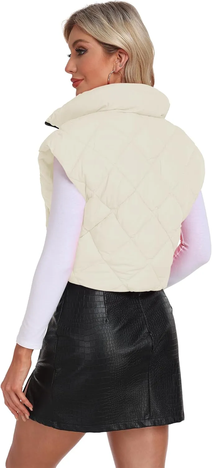 Cropped Puffer Vest Women Lightweight Sleeveless Bubble Short Puffer Vest Stand Collar Zip up Outerwear Winter HH24072