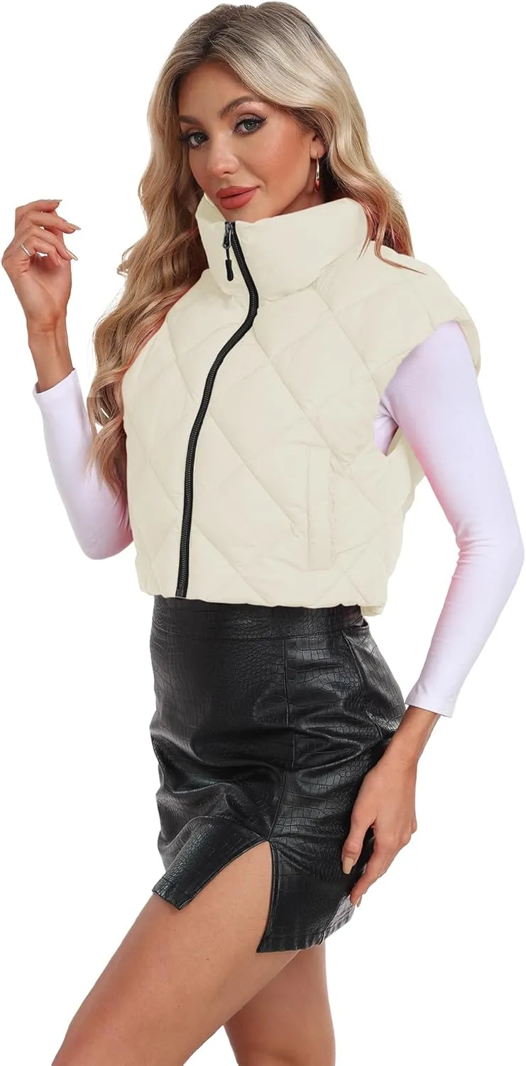 Cropped Puffer Vest Women Lightweight Sleeveless Bubble Short Puffer Vest Stand Collar Zip up Outerwear Winter HH24072