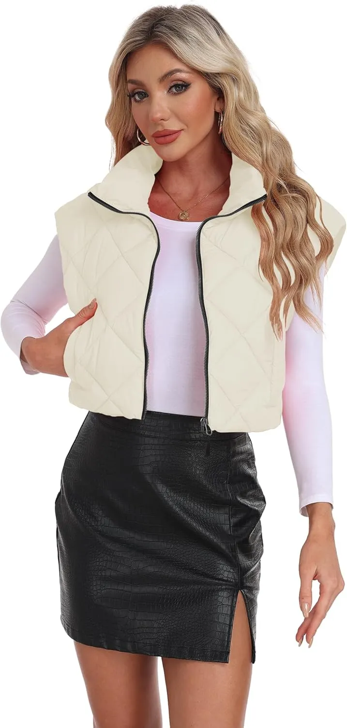 Cropped Puffer Vest Women Lightweight Sleeveless Bubble Short Puffer Vest Stand Collar Zip up Outerwear Winter HH24072