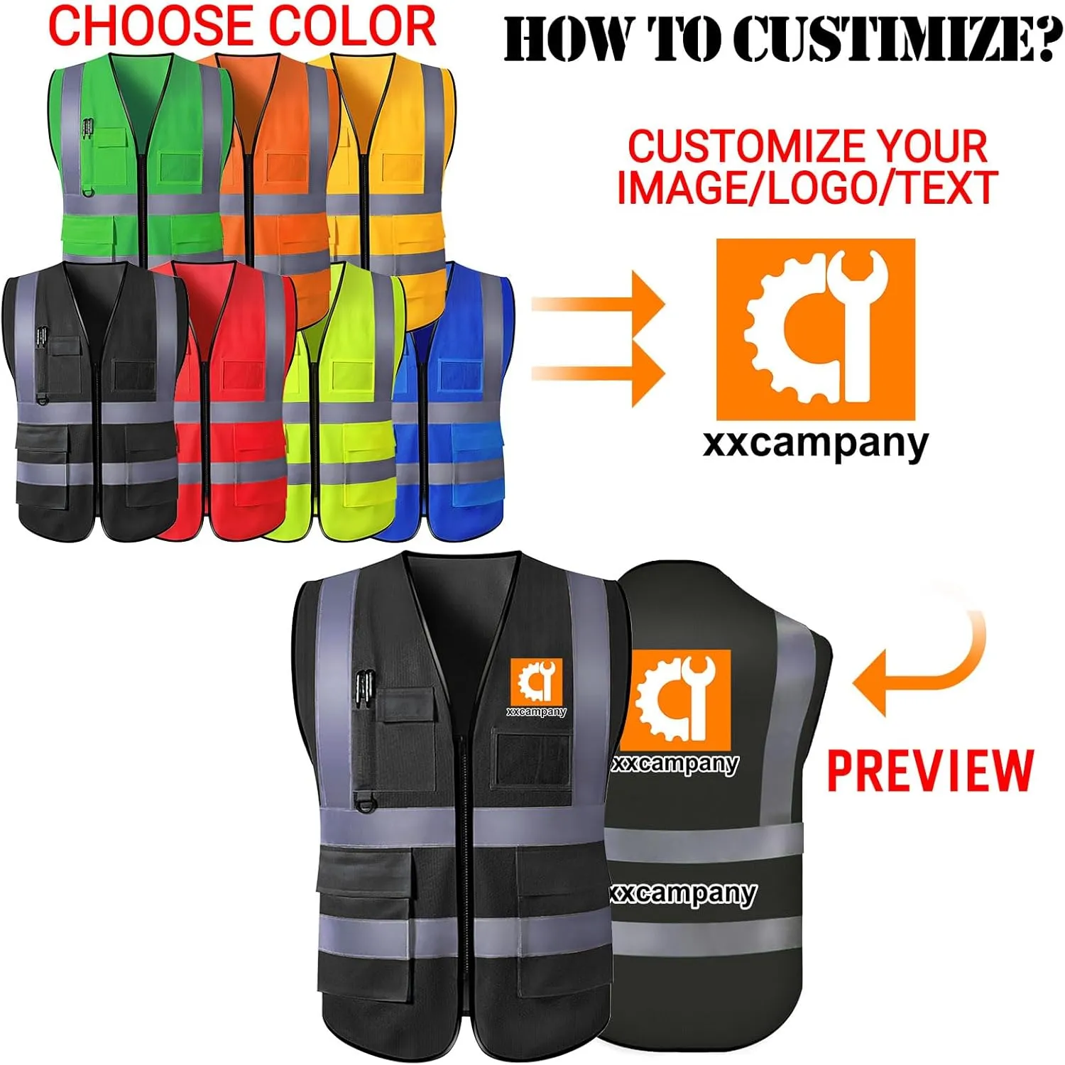 Custom Safety Vest for Men with Logo Pockets High Visibility Reflective Vests Construction Security Workwear