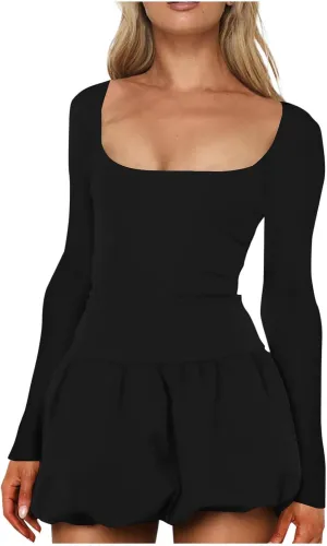 Cute Bubble Mini Dress for Women Slim Fit Scoop Neck Tops Patchwork Dresses Long Sleeve Y2K Color Block Short Dress