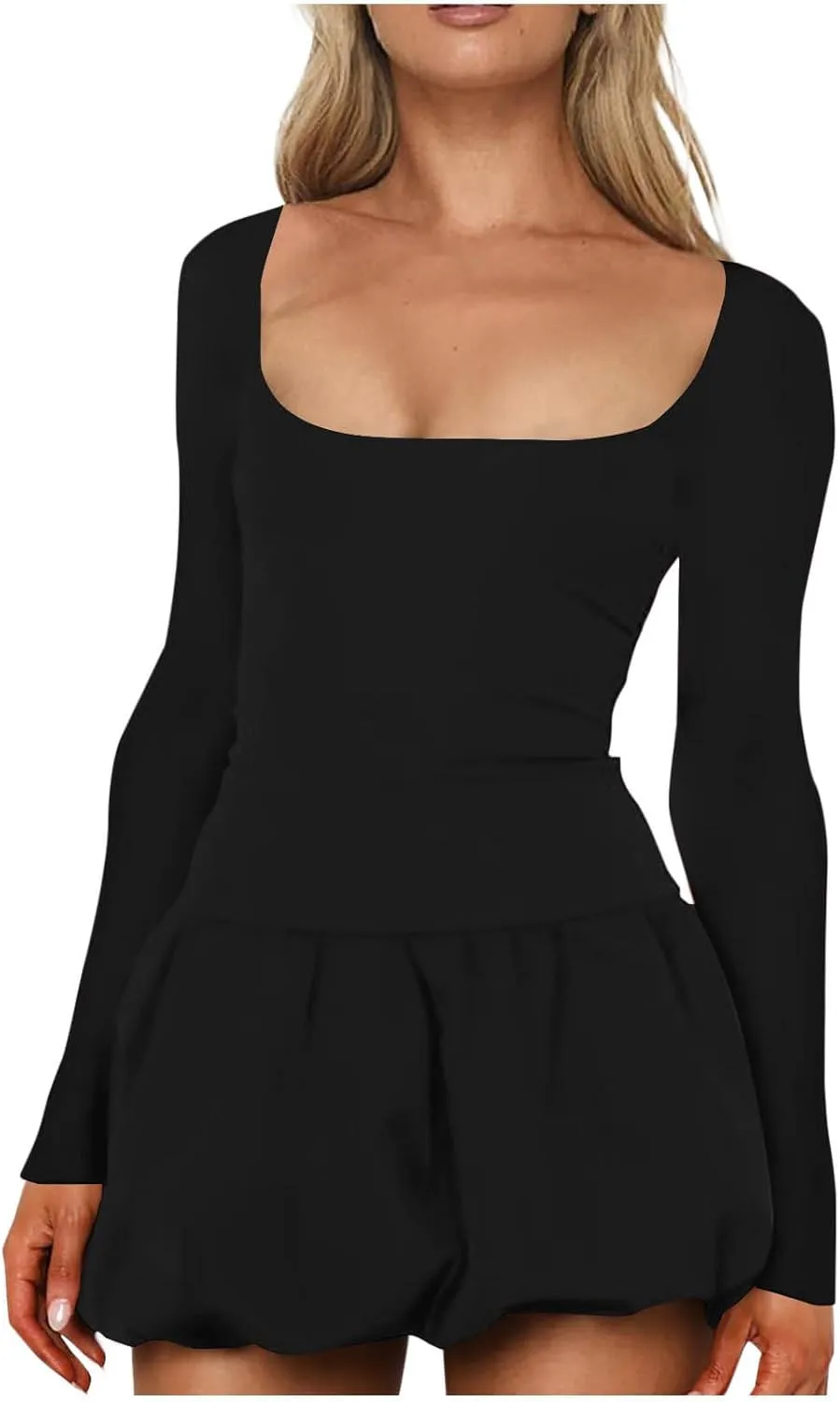 Cute Bubble Mini Dress for Women Slim Fit Scoop Neck Tops Patchwork Dresses Long Sleeve Y2K Color Block Short Dress