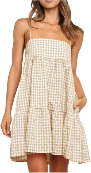 Cute Gingham Mini Cami Dress for Women Casual Spaghetti Strap Ruffle Hem A-Line Dress Summer Beach Vacation Sundress