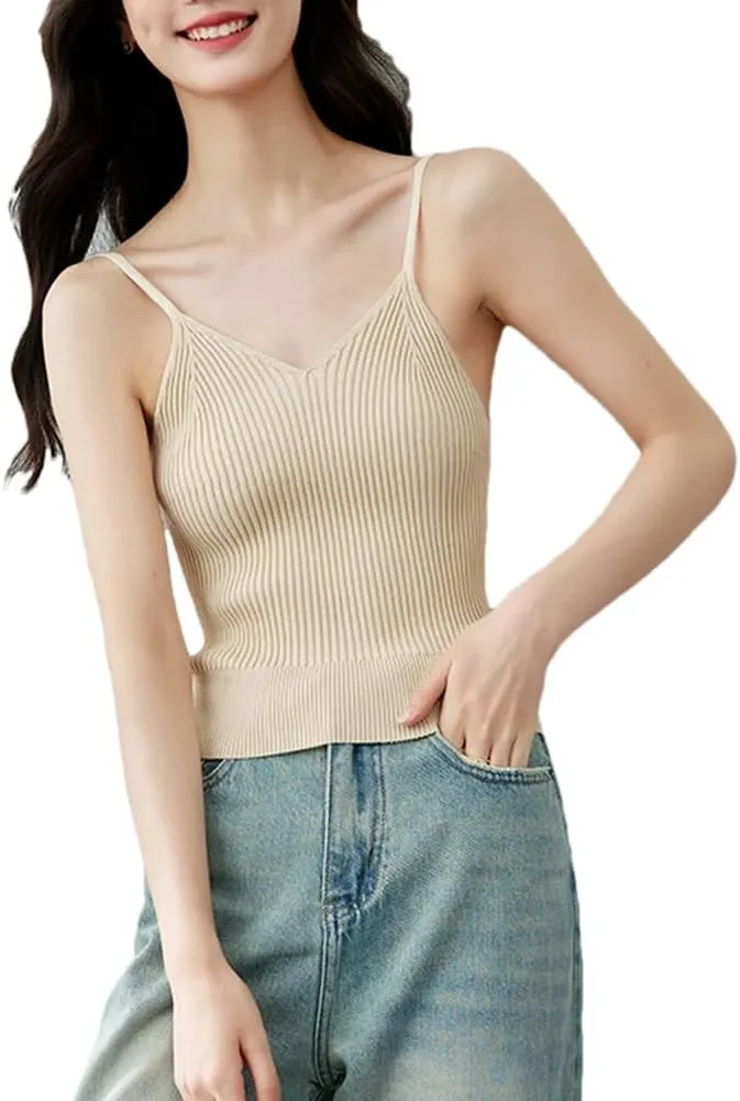 DBFBDTU Women Sleeveless V-Neck Knitted Camis Tee Tank Tops Camisole Solid Bottoming Tops Vest