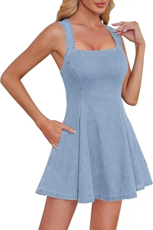 Denim Dress for Women Square Neck Jean Dress with Pockets