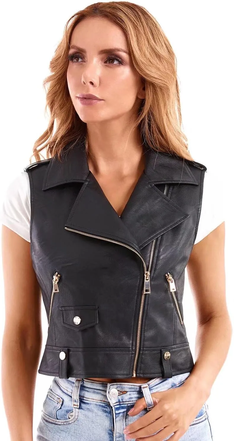 DIASHINY Faux Leather Vest For Women Lapel Sleeveless Moto Slim Fit PU Motorcycle Biker Waistcoat
