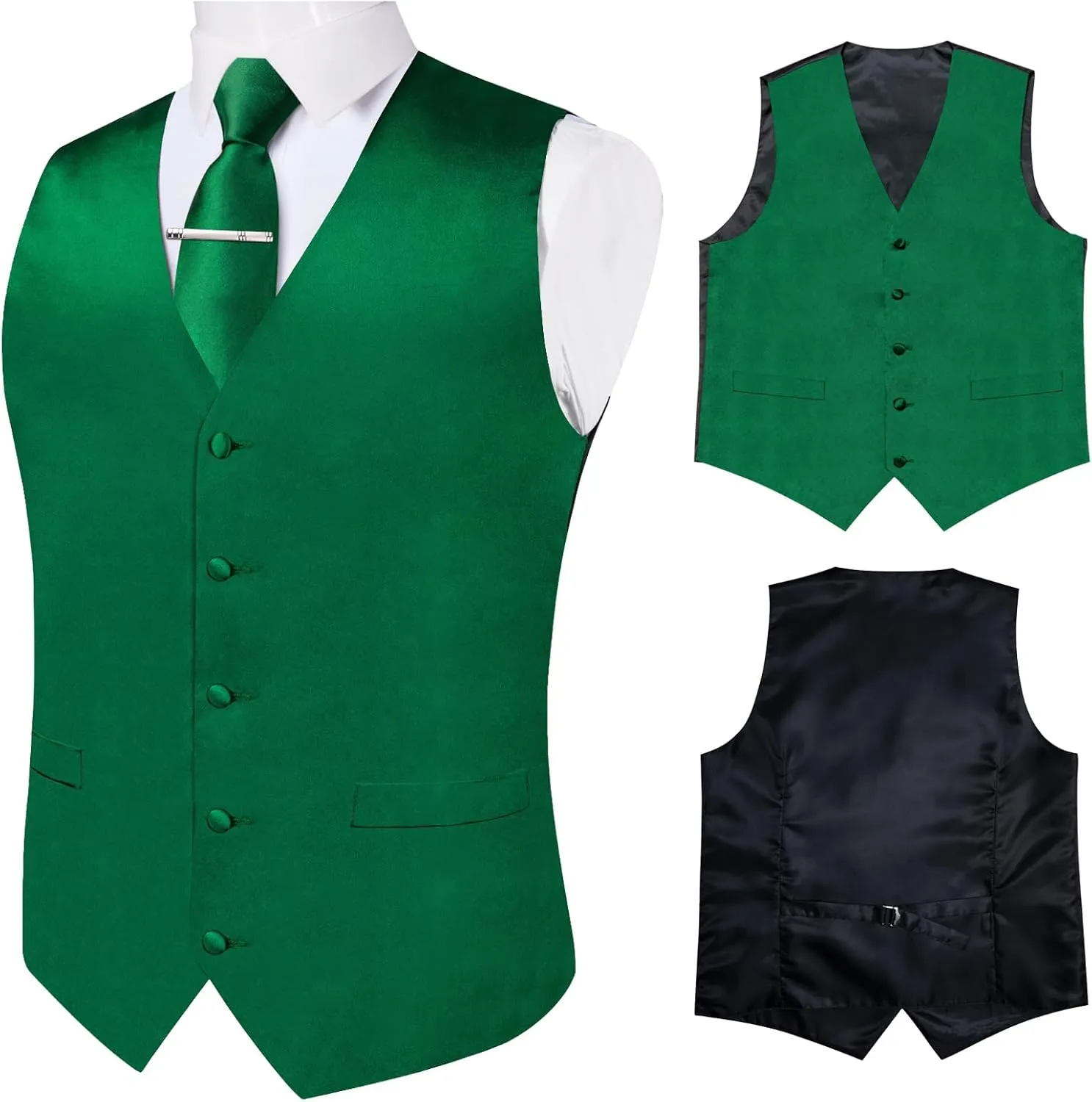 DiBanGu Men's Satin Suit Vest & Tie Set 5PCS Solid Color Dress Waistcoat for Suit or Tuxedo Wedding Party