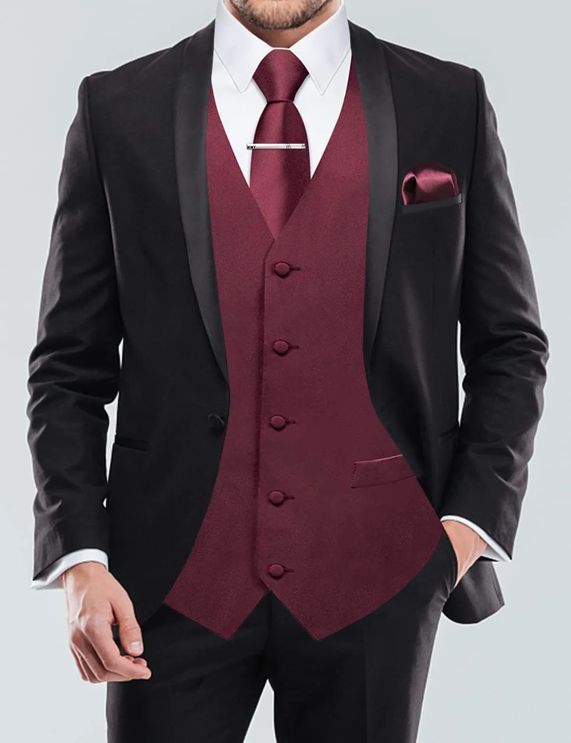 DiBanGu Men's Satin Suit Vest & Tie Set 5PCS Solid Color Dress Waistcoat for Suit or Tuxedo Wedding Party