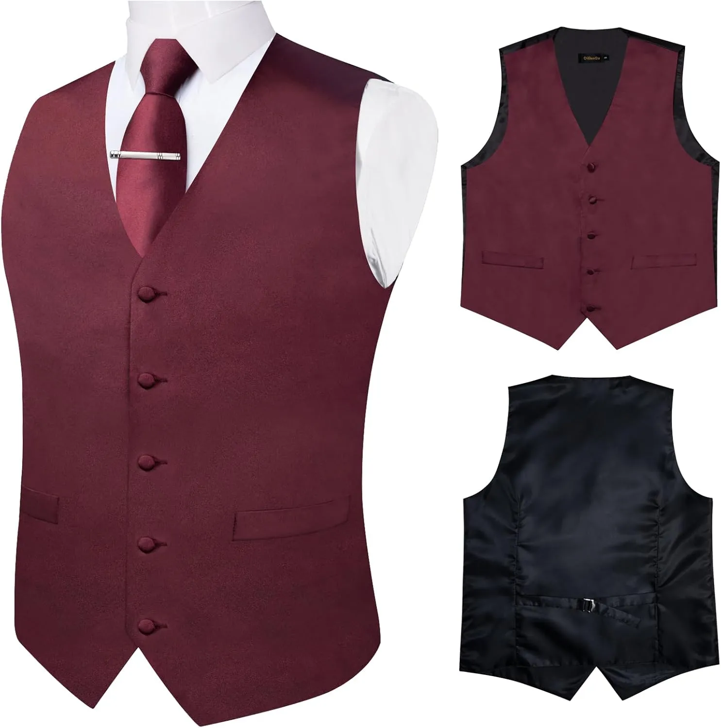DiBanGu Men's Satin Suit Vest & Tie Set 5PCS Solid Color Dress Waistcoat for Suit or Tuxedo Wedding Party