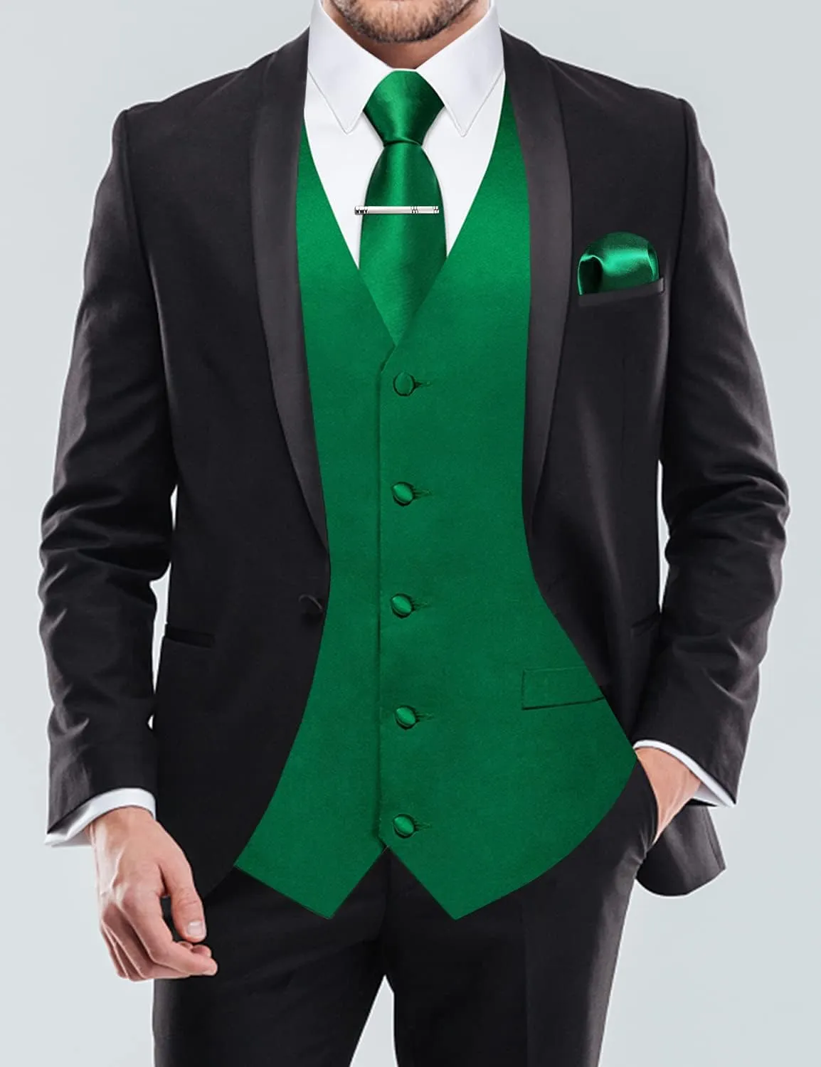DiBanGu Men's Satin Suit Vest & Tie Set 5PCS Solid Color Dress Waistcoat for Suit or Tuxedo Wedding Party