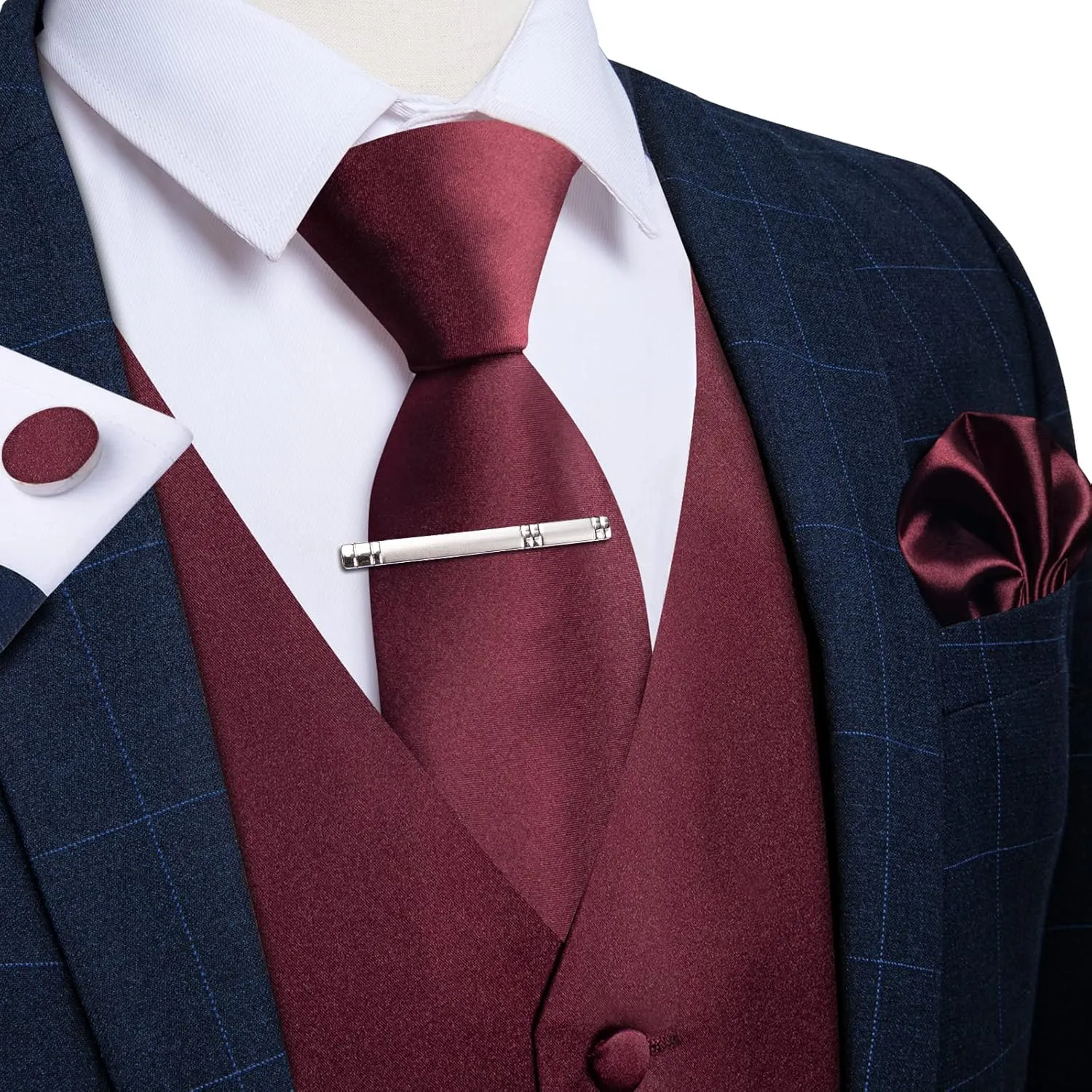 DiBanGu Men's Satin Suit Vest & Tie Set 5PCS Solid Color Dress Waistcoat for Suit or Tuxedo Wedding Party