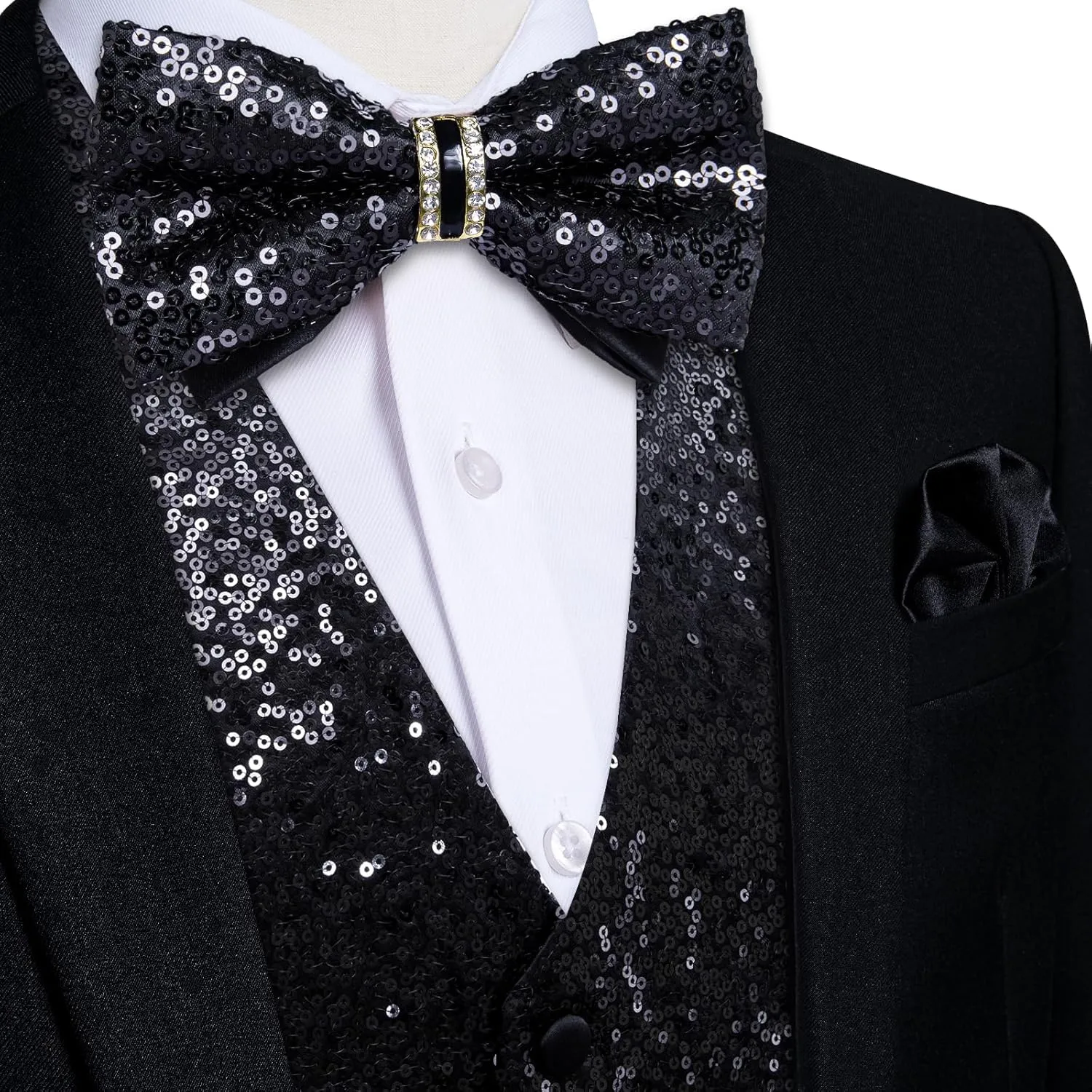 DiBanGu Mens Sequin Suit Vest and Tie Set, Shiny Dress Waistcoat & Bowtie with Tie Clip Lapel Pin for Party Prom Wedding