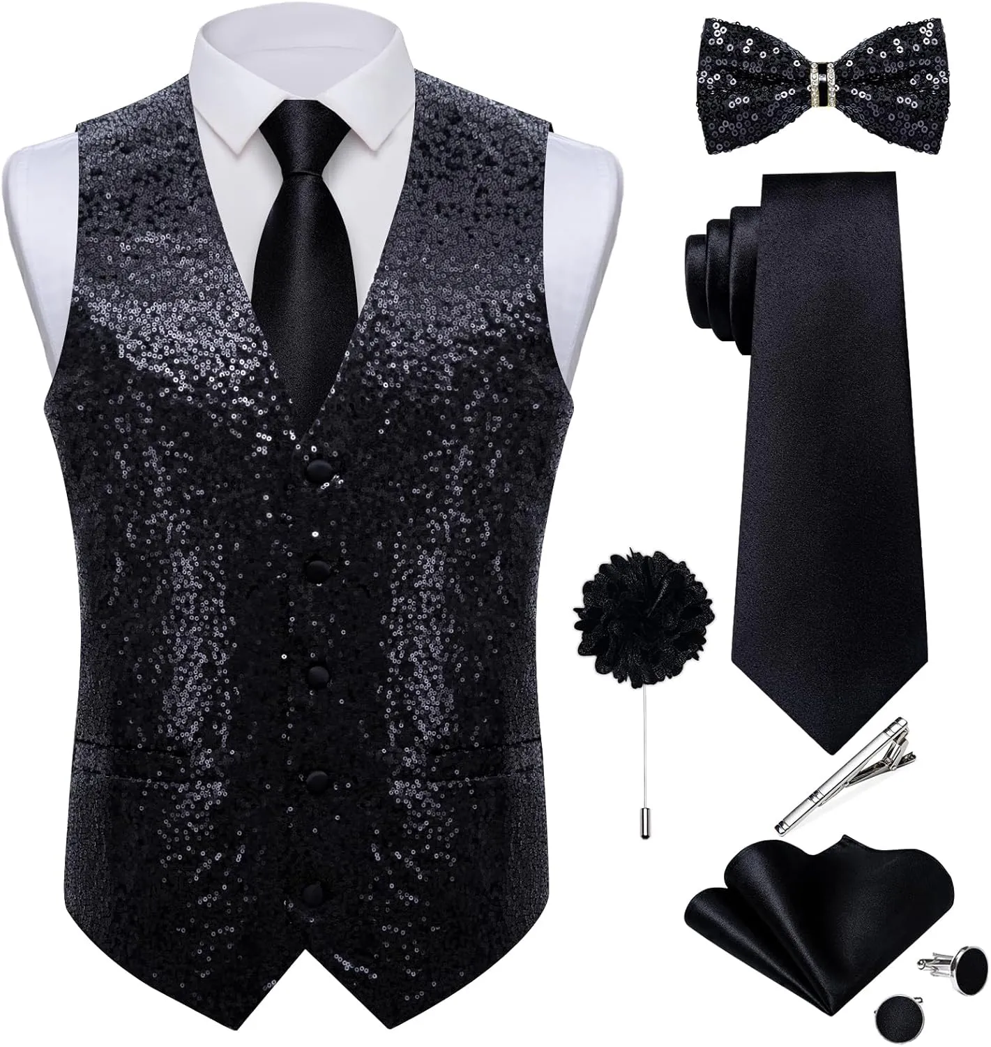 DiBanGu Mens Sequin Suit Vest and Tie Set, Shiny Dress Waistcoat & Bowtie with Tie Clip Lapel Pin for Party Prom Wedding
