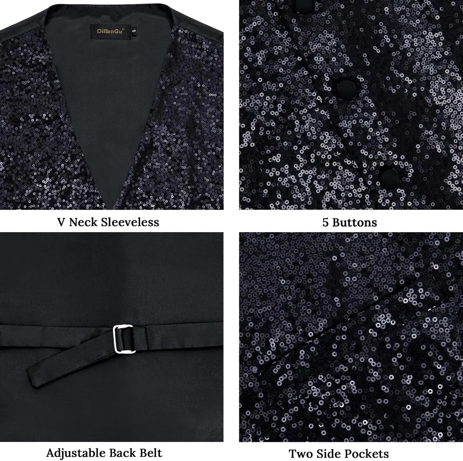 DiBanGu Mens Sequin Suit Vest and Tie Set, Shiny Dress Waistcoat & Bowtie with Tie Clip Lapel Pin for Party Prom Wedding