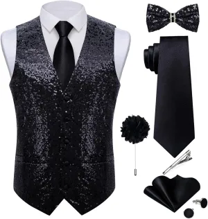 DiBanGu Mens Sequin Suit Vest and Tie Set, Shiny Dress Waistcoat & Bowtie with Tie Clip Lapel Pin for Party Prom Wedding