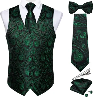 DiBanGu Men's Silk Paisley Vest and Necktie Set 6PCS Pre-tied Bow Tie Formal Waistcoat for Wedding Party