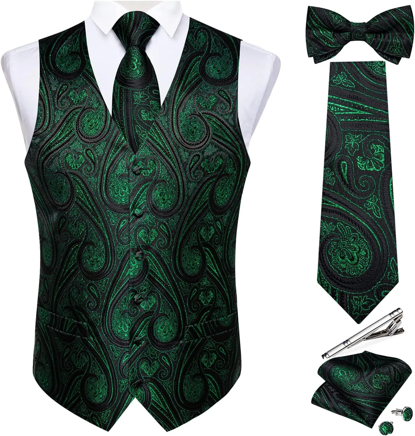 DiBanGu Men's Silk Paisley Vest and Necktie Set 6PCS Pre-tied Bow Tie Formal Waistcoat for Wedding Party