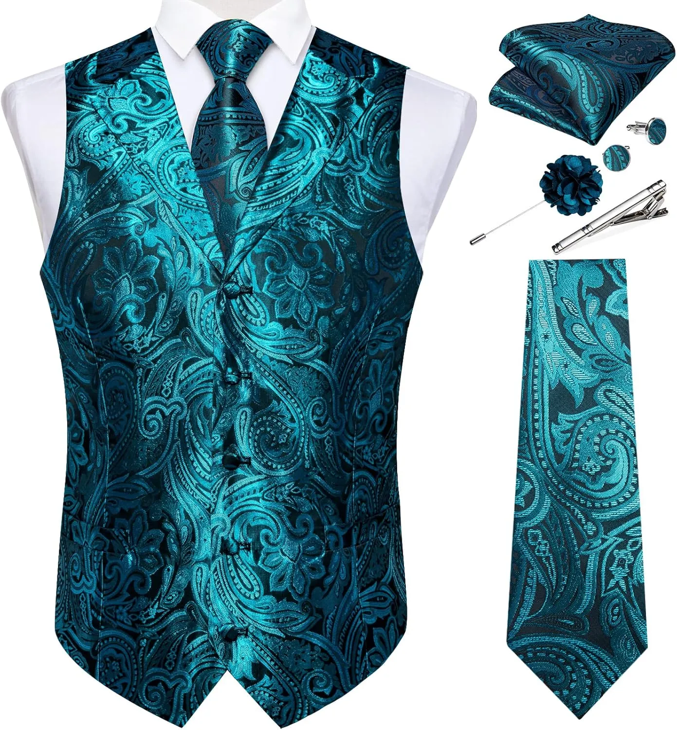 DiBanGu Mens Vest Tie Set 7PCS Silk Paisley Suit Waistcoat and Necktie Hankerchief Cufflinks Lapel Pin Set for Wedding Party