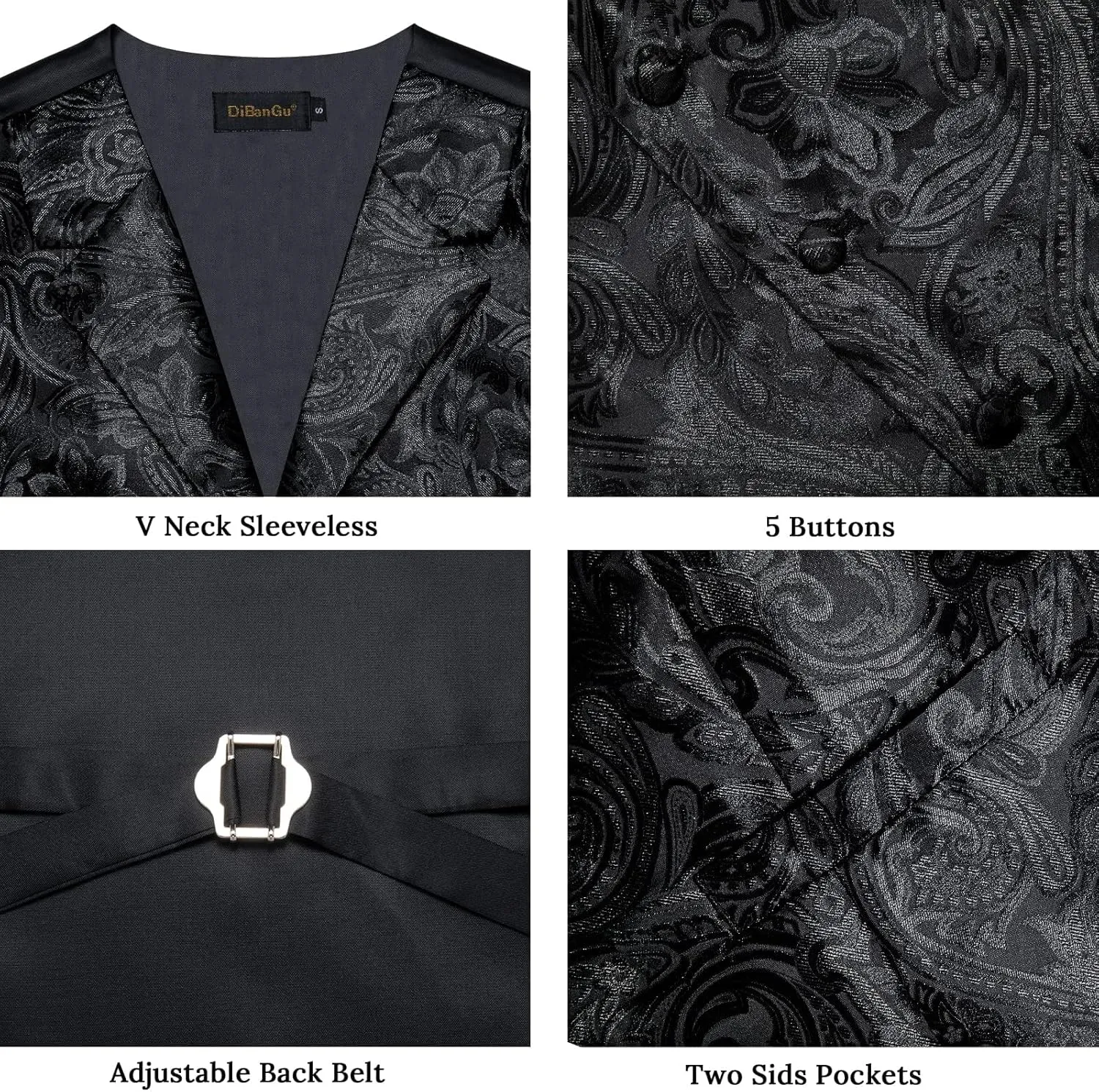 DiBanGu Mens Vest Tie Set 7PCS Silk Paisley Suit Waistcoat and Necktie Hankerchief Cufflinks Lapel Pin Set for Wedding Party