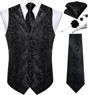 DiBanGu Mens Vest Tie Set 7PCS Silk Paisley Suit Waistcoat and Necktie Hankerchief Cufflinks Lapel Pin Set for Wedding Party