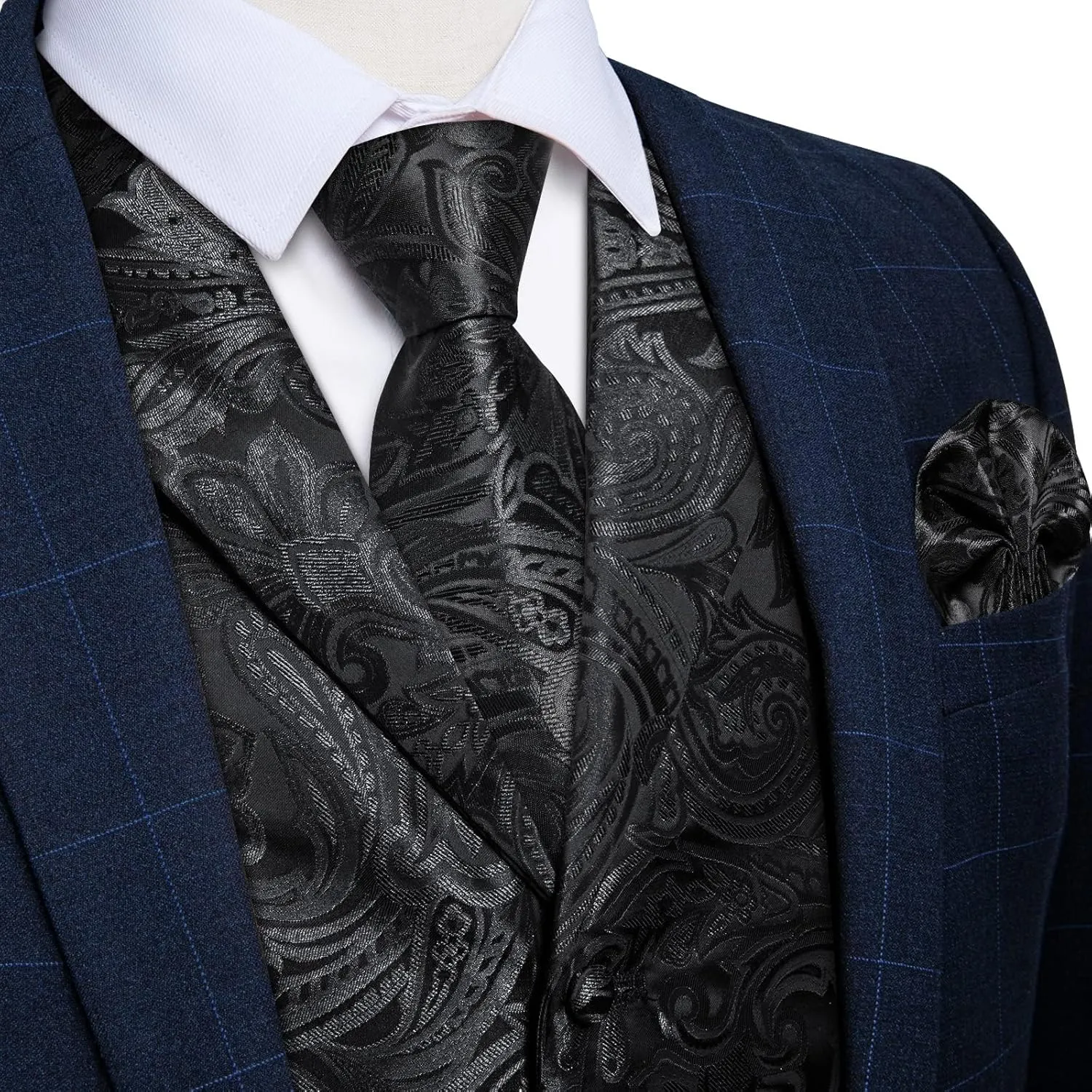 DiBanGu Mens Vest Tie Set 7PCS Silk Paisley Suit Waistcoat and Necktie Hankerchief Cufflinks Lapel Pin Set for Wedding Party