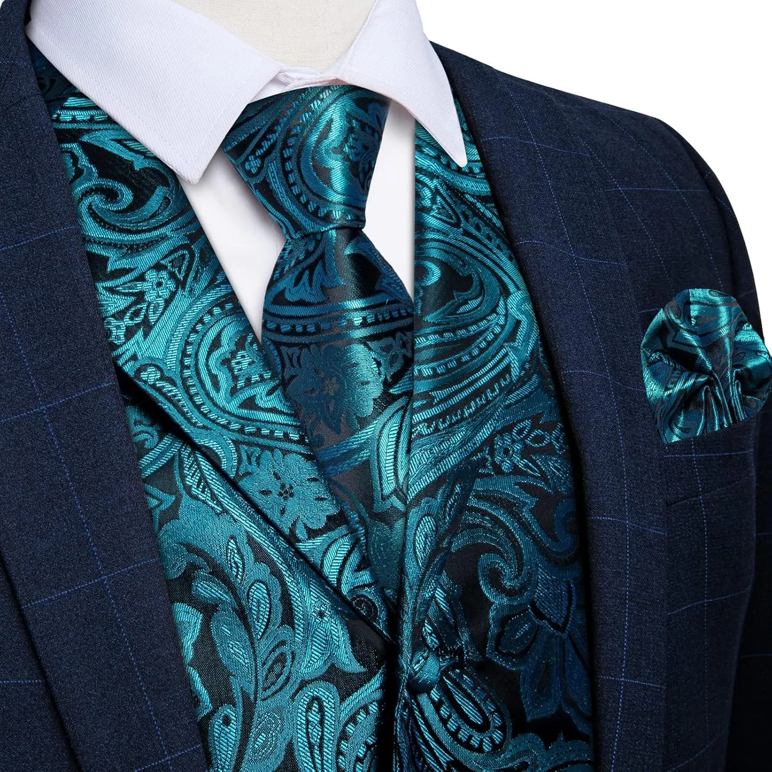 DiBanGu Mens Vest Tie Set 7PCS Silk Paisley Suit Waistcoat and Necktie Hankerchief Cufflinks Lapel Pin Set for Wedding Party