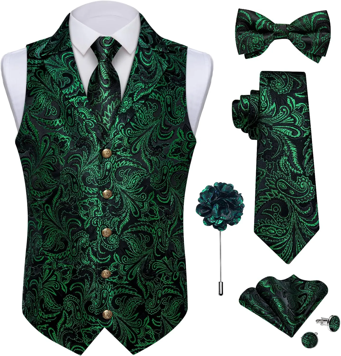 DiBanGu Silk Paisley Vest for Men Wedding Waistcoat and Necktie Bowtie Lapel Pin Set 7PCS Dress Vests for Suit or Tuxedo