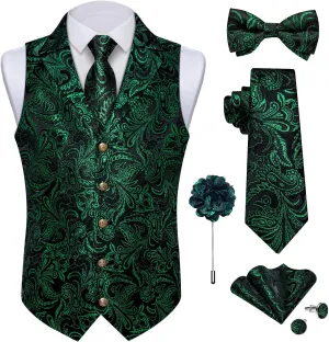DiBanGu Silk Paisley Vest for Men Wedding Waistcoat and Necktie Bowtie Lapel Pin Set 7PCS Dress Vests for Suit or Tuxedo