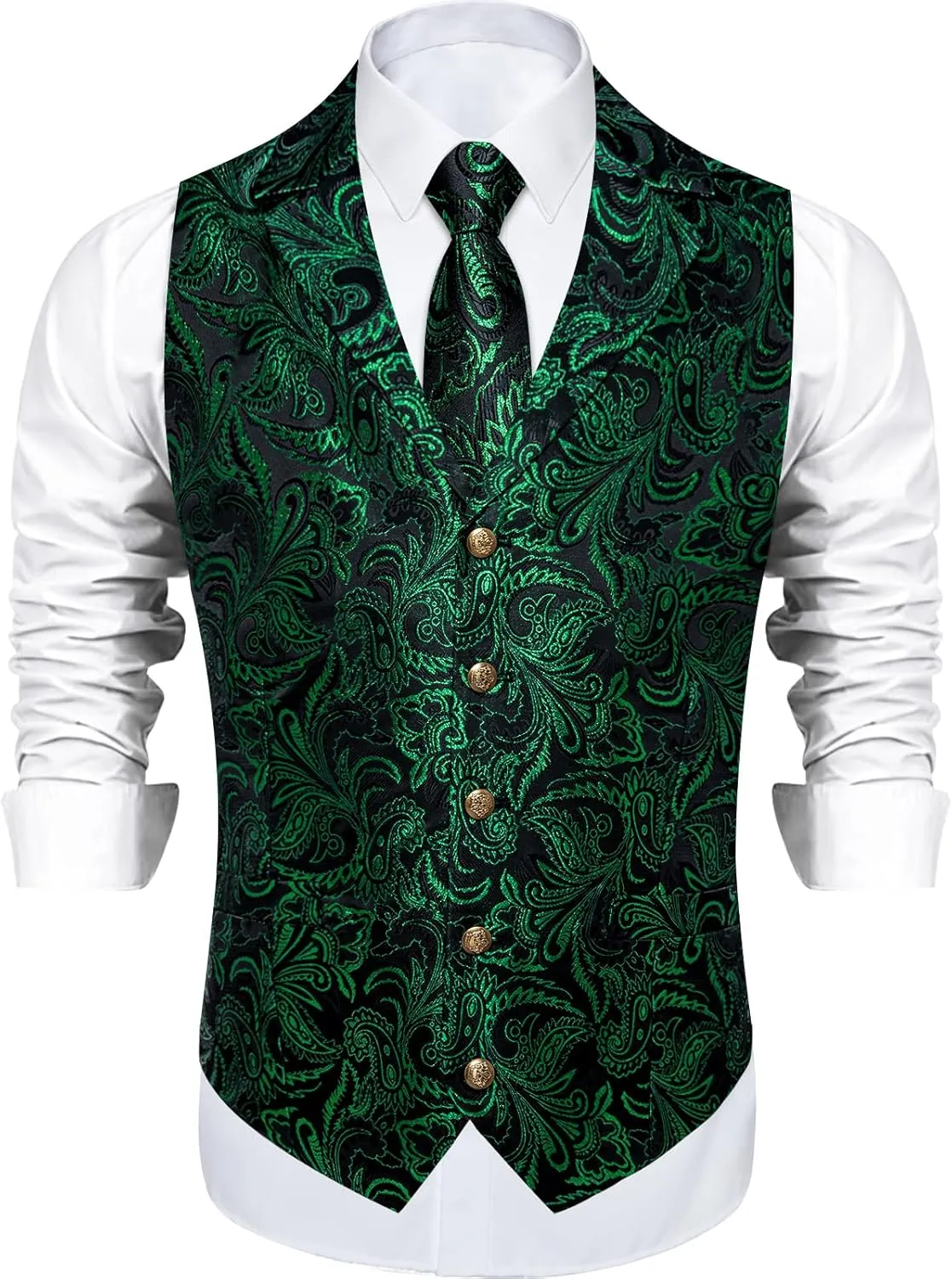 DiBanGu Silk Paisley Vest for Men Wedding Waistcoat and Necktie Bowtie Lapel Pin Set 7PCS Dress Vests for Suit or Tuxedo