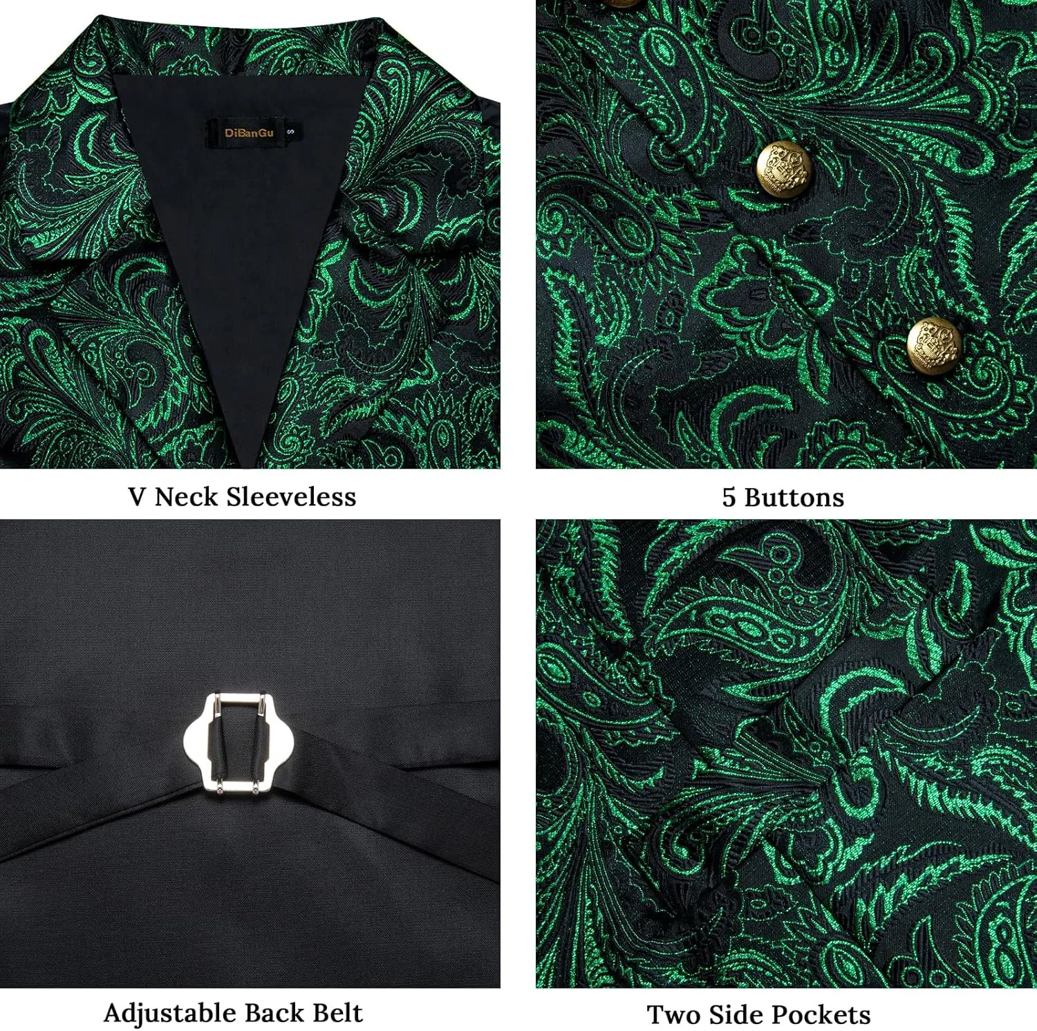 DiBanGu Silk Paisley Vest for Men Wedding Waistcoat and Necktie Bowtie Lapel Pin Set 7PCS Dress Vests for Suit or Tuxedo