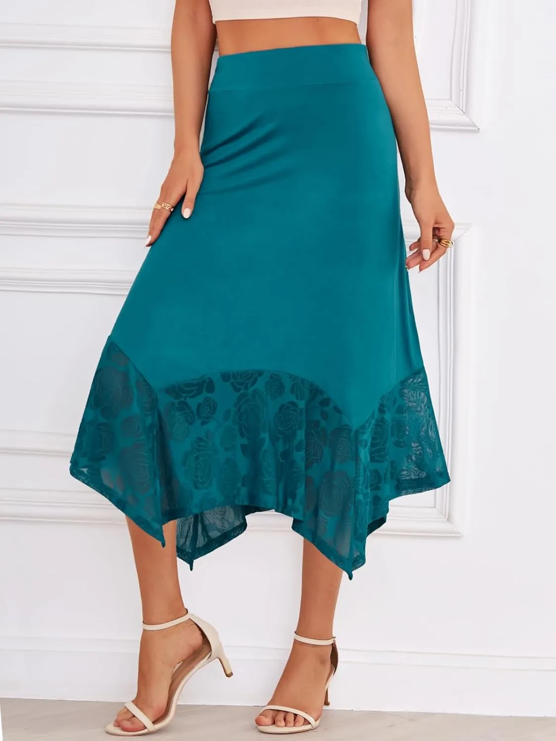 DJT Womens Flat Elastic High Waist Skirts Stretchy Flowy Handkerchief Lace Splicing Hem Midi Skirt