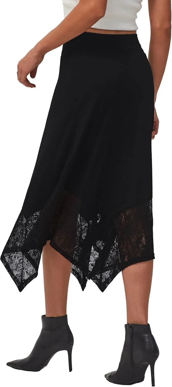 DJT Womens Flat Elastic High Waist Skirts Stretchy Flowy Handkerchief Lace Splicing Hem Midi Skirt