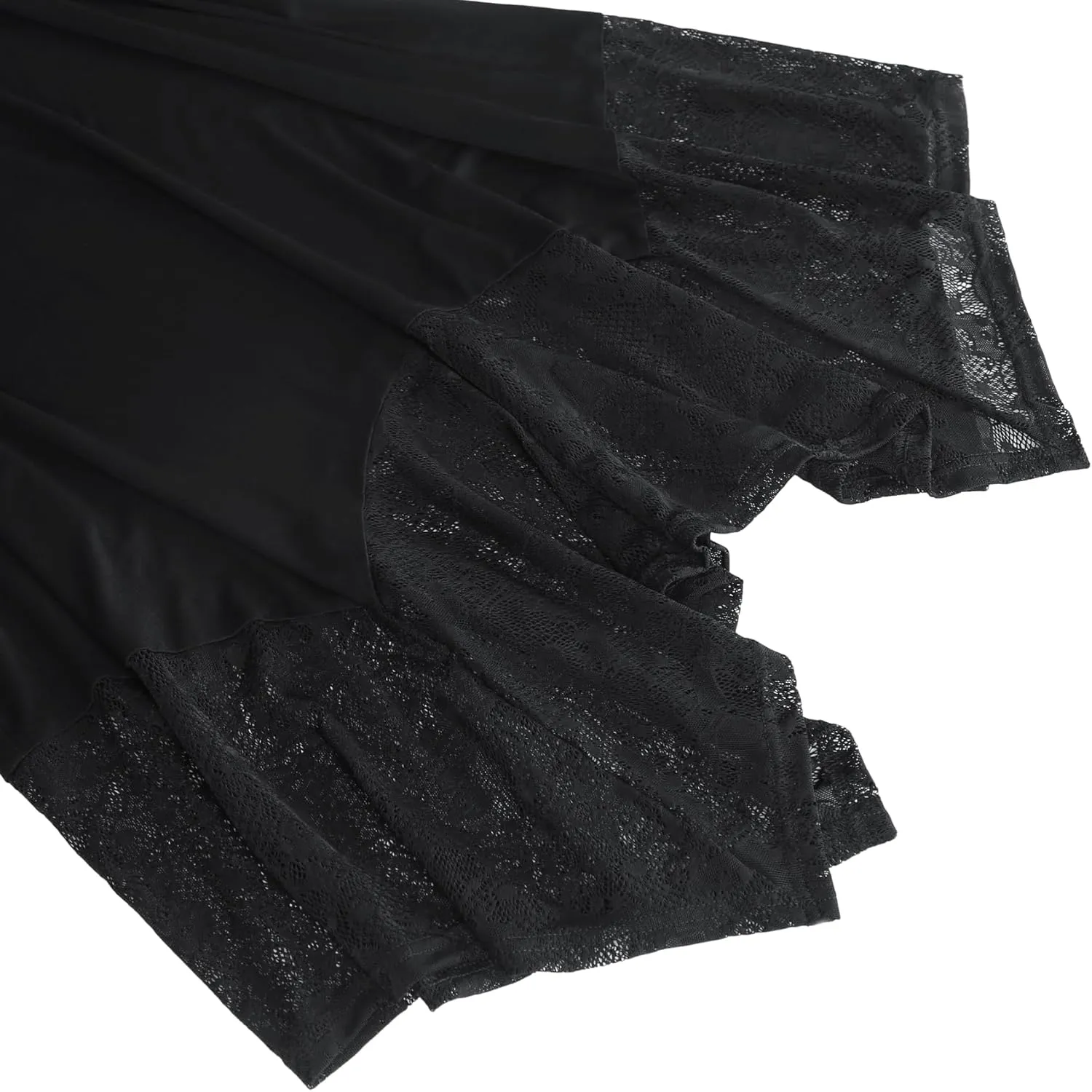 DJT Womens Flat Elastic High Waist Skirts Stretchy Flowy Handkerchief Lace Splicing Hem Midi Skirt