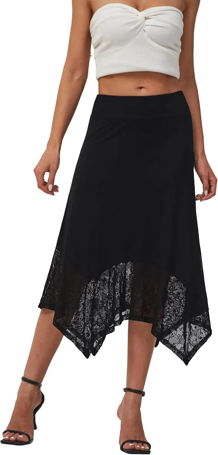 DJT Womens Flat Elastic High Waist Skirts Stretchy Flowy Handkerchief Lace Splicing Hem Midi Skirt