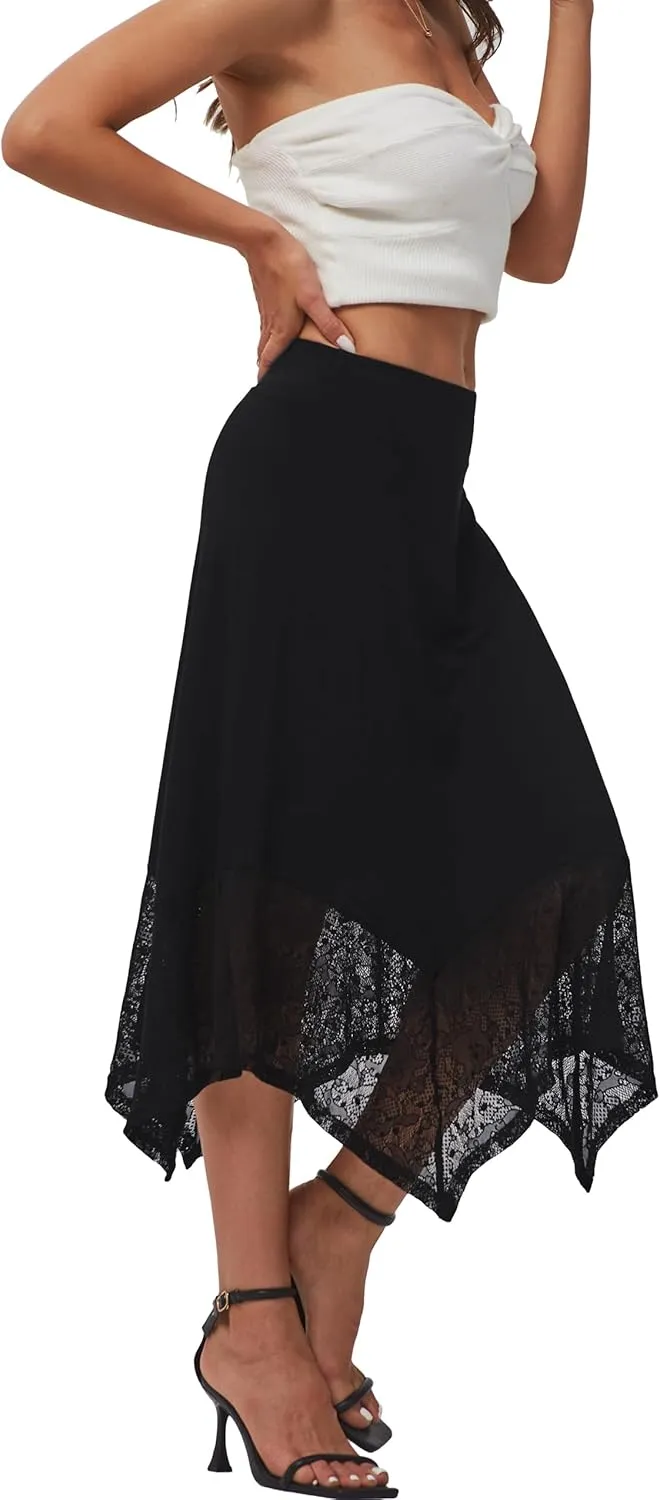 DJT Womens Flat Elastic High Waist Skirts Stretchy Flowy Handkerchief Lace Splicing Hem Midi Skirt