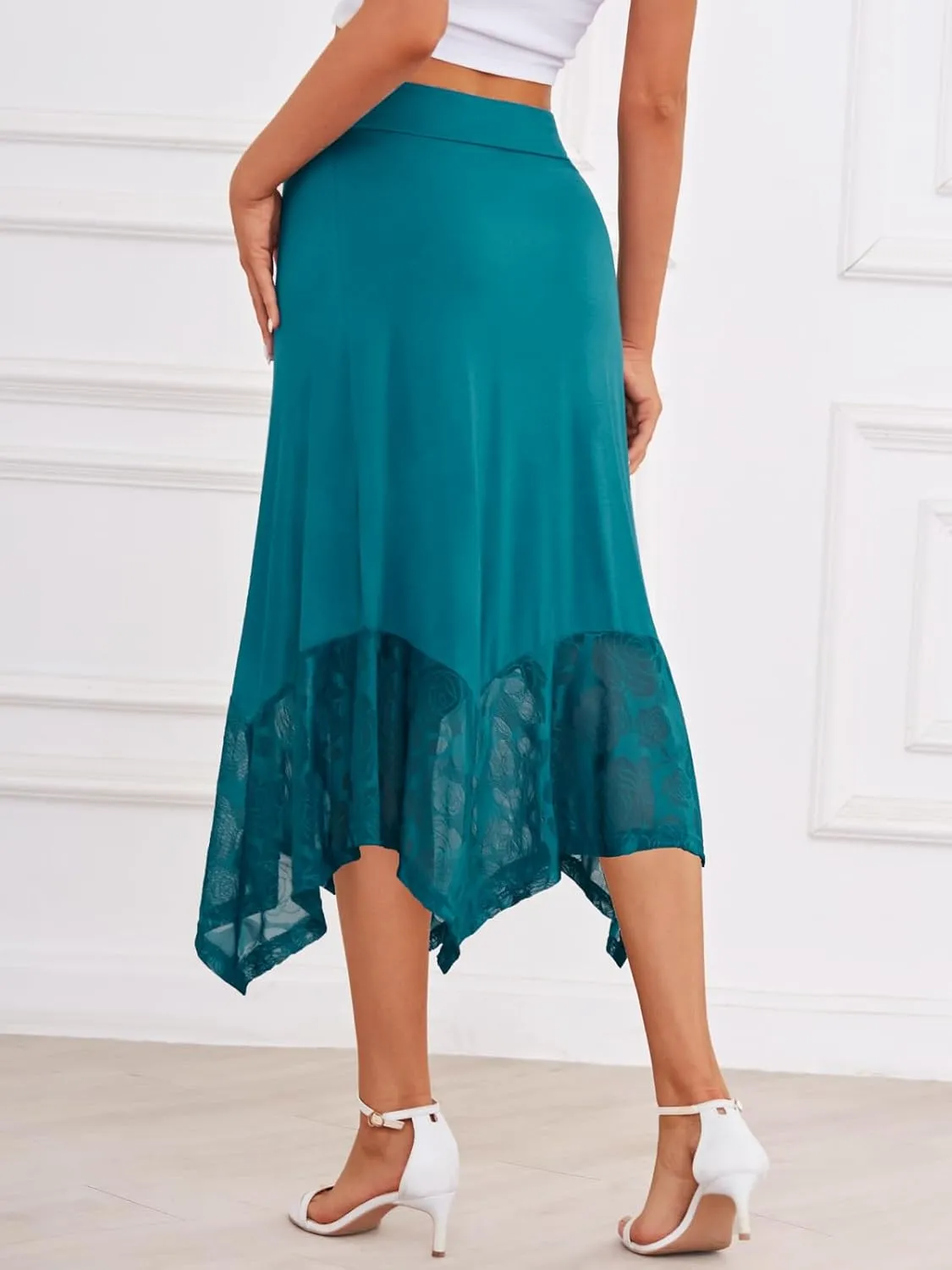 DJT Womens Flat Elastic High Waist Skirts Stretchy Flowy Handkerchief Lace Splicing Hem Midi Skirt