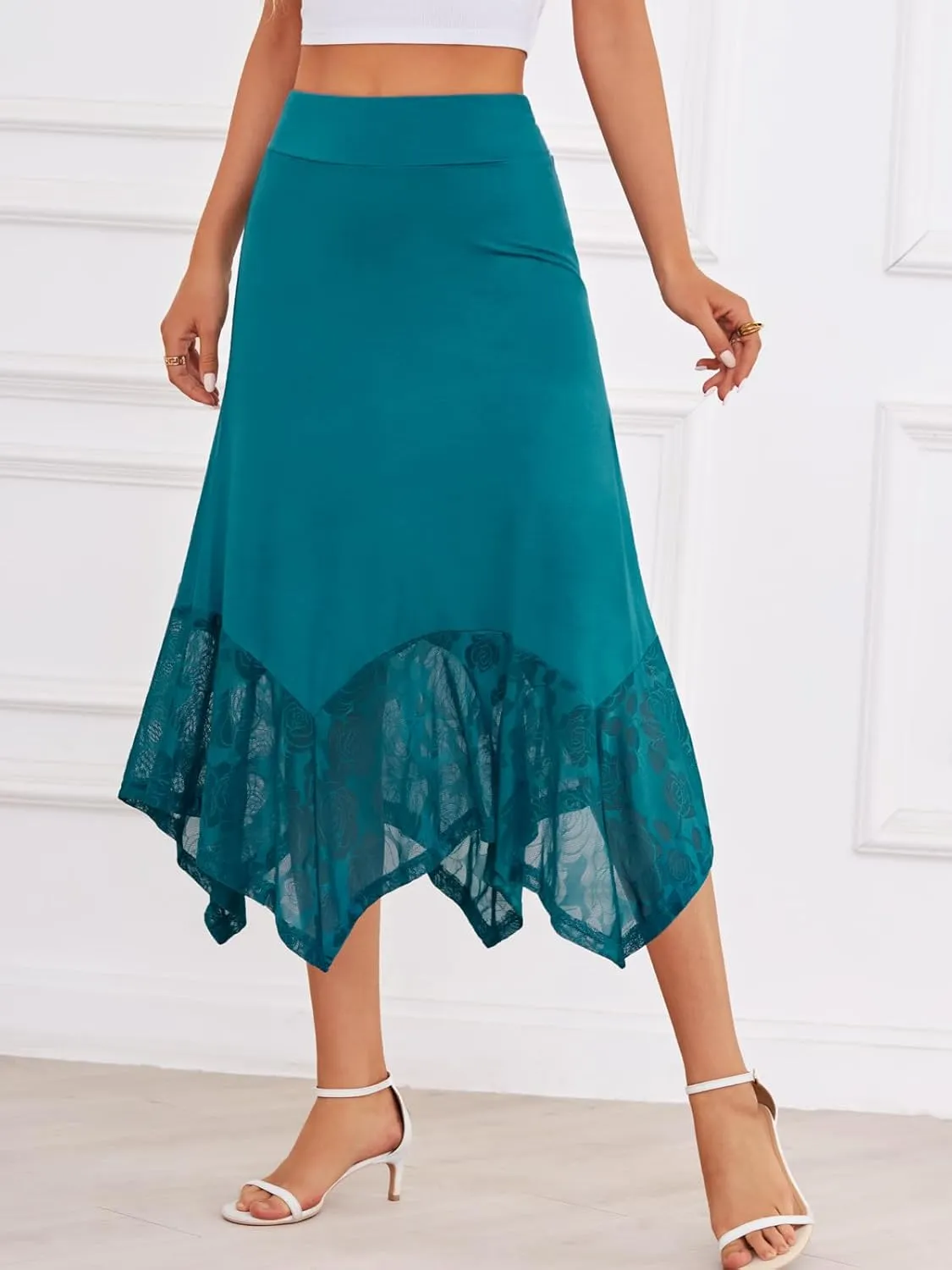 DJT Womens Flat Elastic High Waist Skirts Stretchy Flowy Handkerchief Lace Splicing Hem Midi Skirt