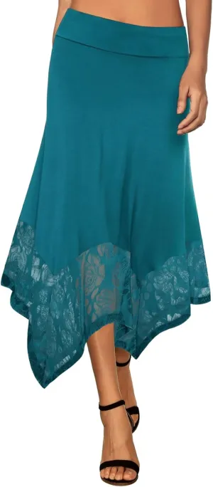 DJT Womens Flat Elastic High Waist Skirts Stretchy Flowy Handkerchief Lace Splicing Hem Midi Skirt