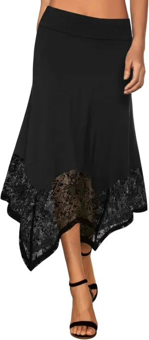 DJT Womens Flat Elastic High Waist Skirts Stretchy Flowy Handkerchief Lace Splicing Hem Midi Skirt
