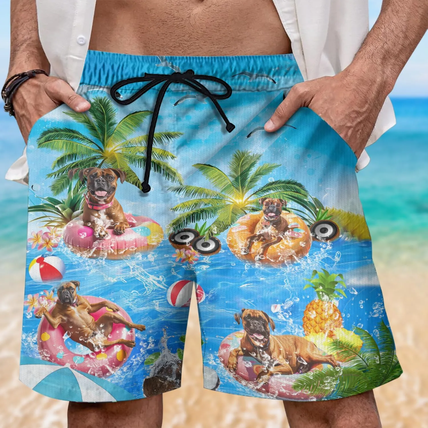 Dog Pool Party Mens Swim Trunks - Happy Dog Hawaiian Mens Shorts Casual - Summer Drawstring Beachwear Shorts PA92