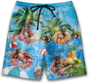 Dog Pool Party Mens Swim Trunks - Happy Dog Hawaiian Mens Shorts Casual - Summer Drawstring Beachwear Shorts PA92