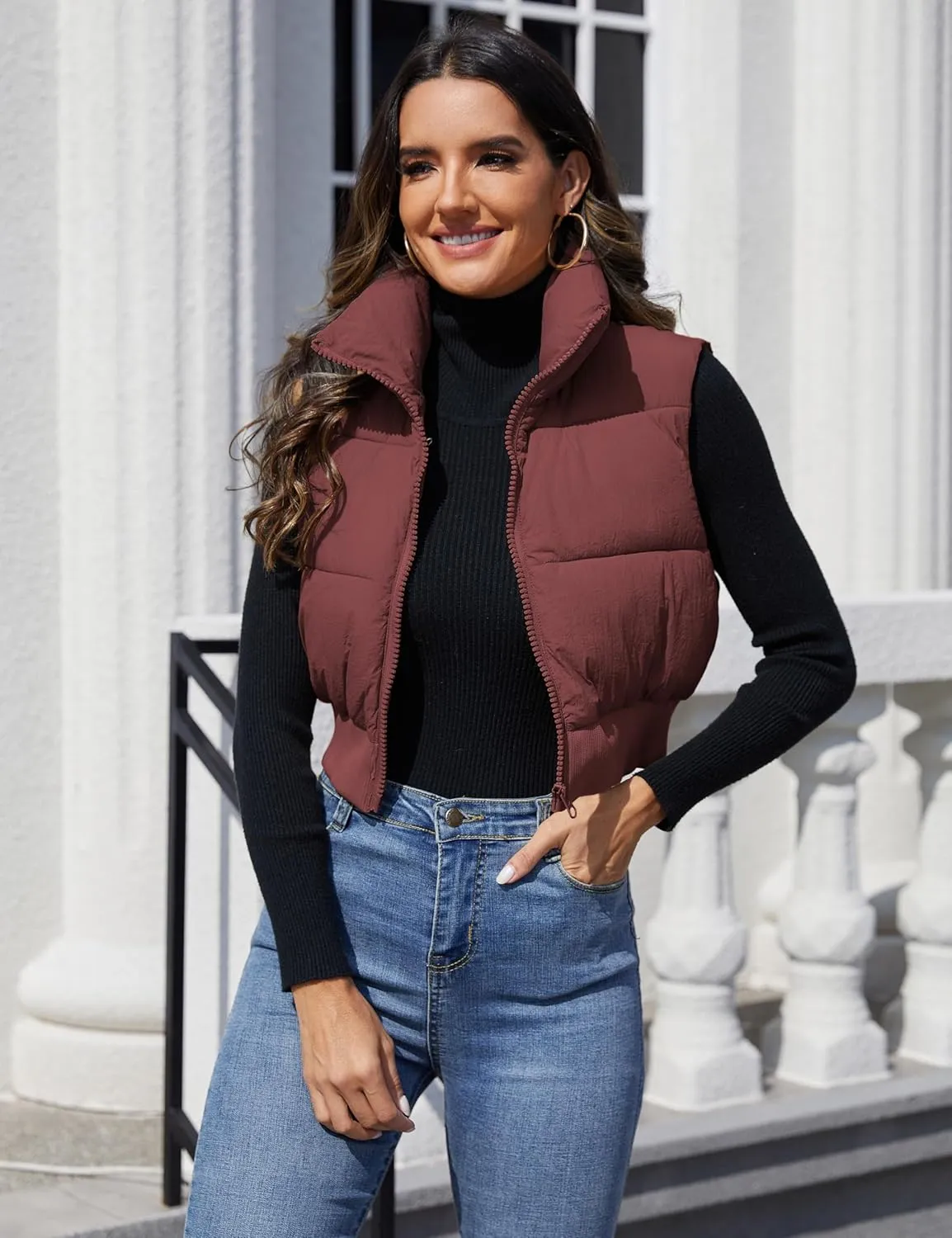 Dqbeng Cropped Puffer Vest Women Zip Up Stand Collar Sleeveless Outerwear Padded Crop Puffy Vests