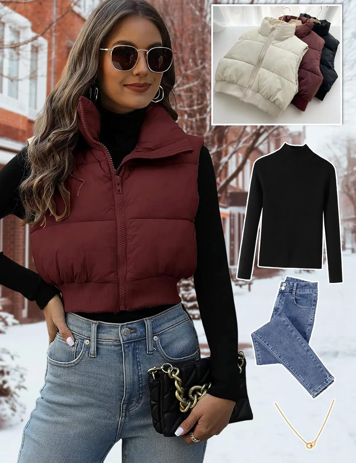 Dqbeng Cropped Puffer Vest Women Zip Up Stand Collar Sleeveless Outerwear Padded Crop Puffy Vests